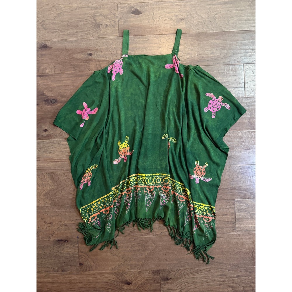 Pineapple Moon Green Batik Sea Turtle Cold Shoulder Fringe Poncho Top One Size